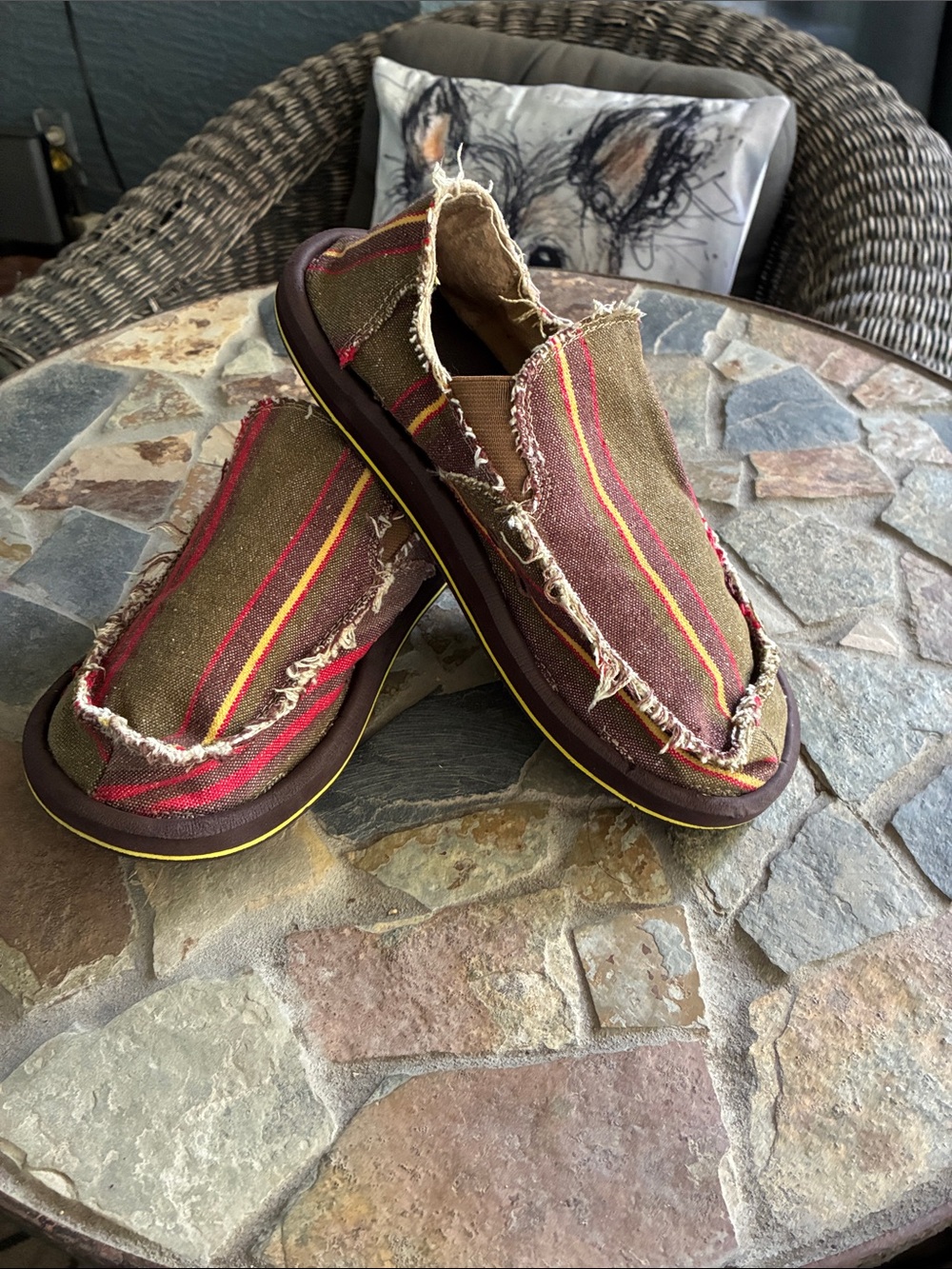 Sanuk Men’s Slip-On Loafers in Brown with Red and Yellow Stripes